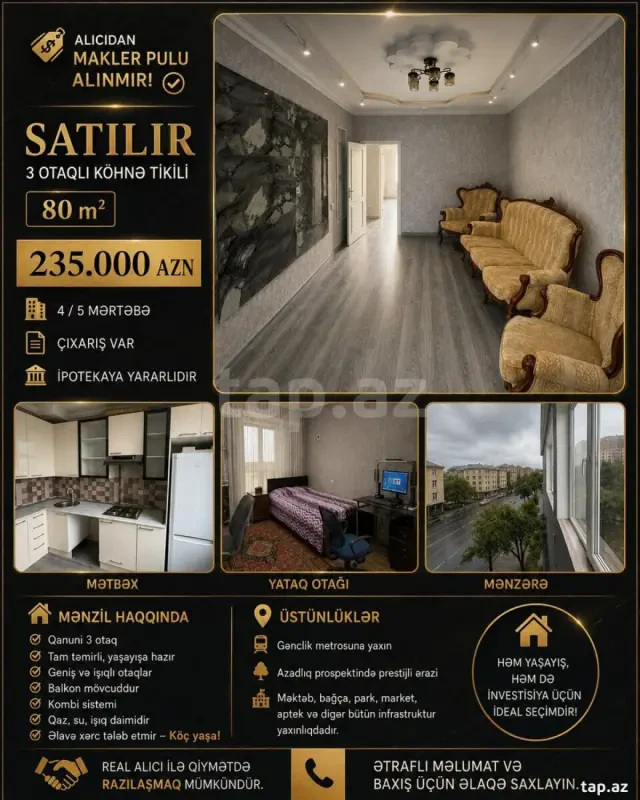Satılır 3 otaqlı mənzil 80 m²