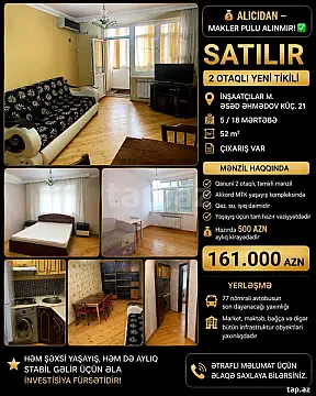Satılır 2 otaqlı yeni tikili 52 m² — Bakı, İnşaatçılar 2 otaq 52.00 m²