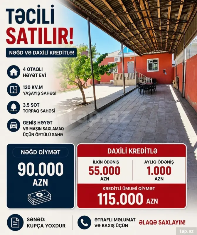 Satılır 4 otaqlı həyət evi 120 m²