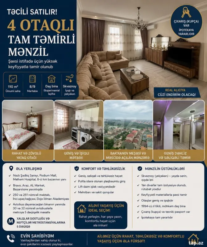 Satılır 4 otaqlı mənzil 110 m²