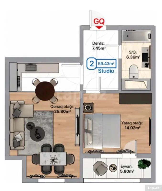 Satılır 2 otaqlı yeni tikili 60 m²