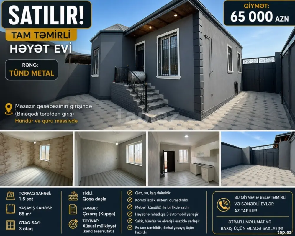 Satılır 3 otaqlı həyət evi 85 m²