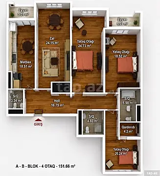 Satılır 4 otaqlı yeni tikili 155 m² — Bakı 4 otaq 155.00 m²