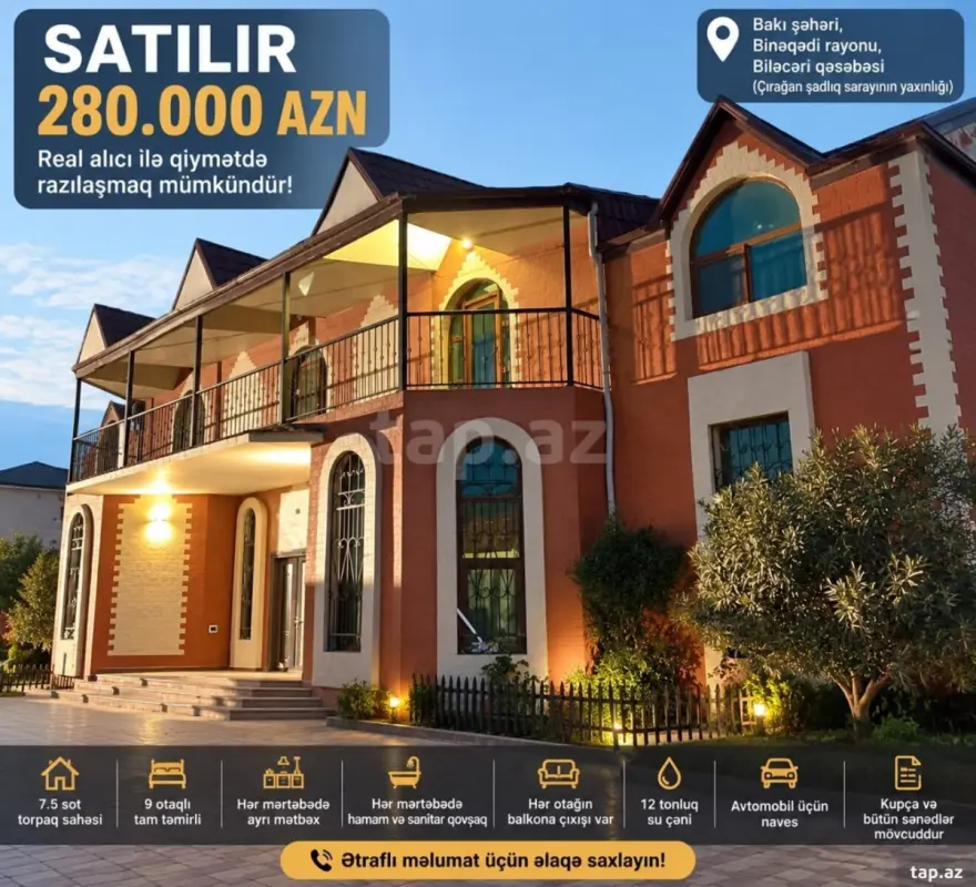 Satılır 9 otaqlı həyət evi 750 m²