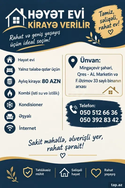 Kirayə verilir 3 otaqlı həyət evi 110 m²