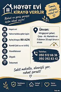 Kirayə verilir 3 otaqlı həyət evi 110 m² — Mingəçevir 3 otaq 110.00 m²