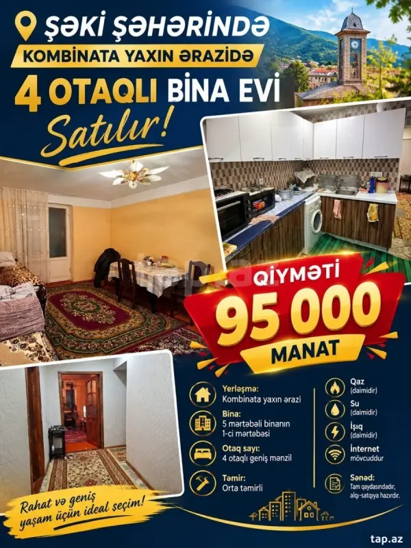 Satılır 4 otaqlı mənzil 82 m²