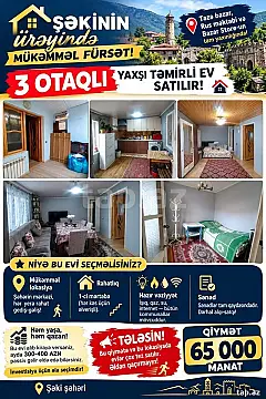 Satılır 3 otaqlı həyət evi 72 m² — Şəki 3 otaq 72.00 m²