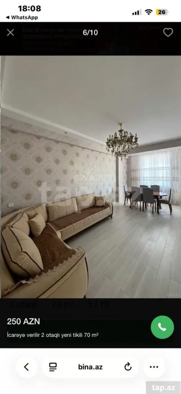 Kirayə verilir 2 otaqlı yeni tikili 70 m²