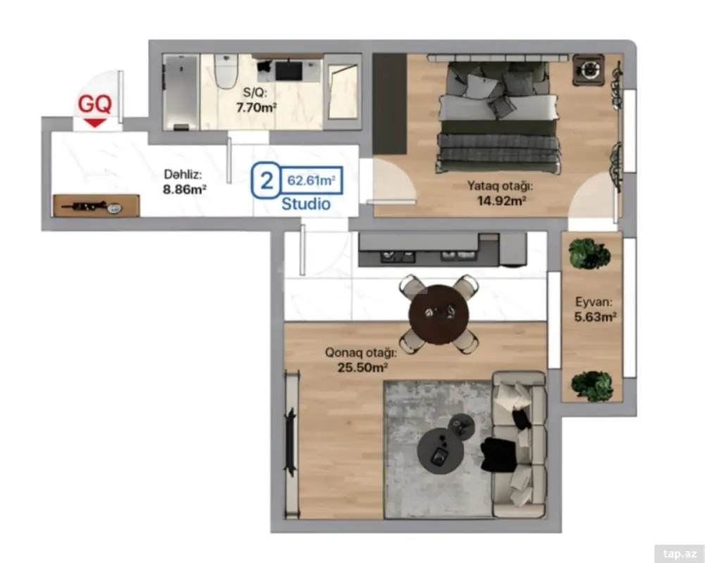 Satılır 2 otaqlı yeni tikili 62.6 m²