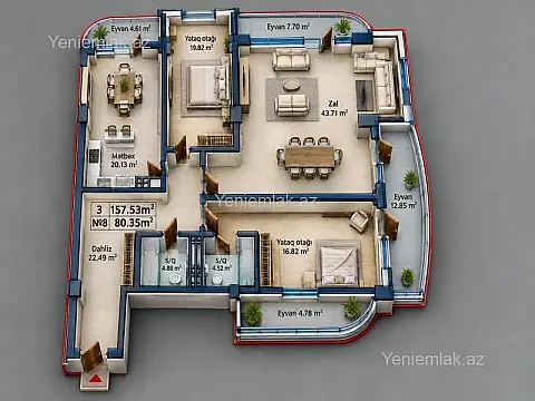 Satılır 3 otaqlı yeni tikili 157.53 m² — Bakı, Yasamal 3 otaq 157.53 m²