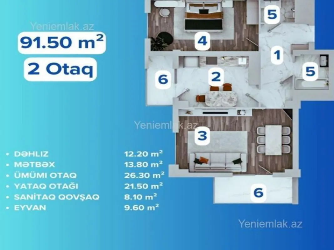 Satılır 2 otaqlı yeni tikili 92.5 m²