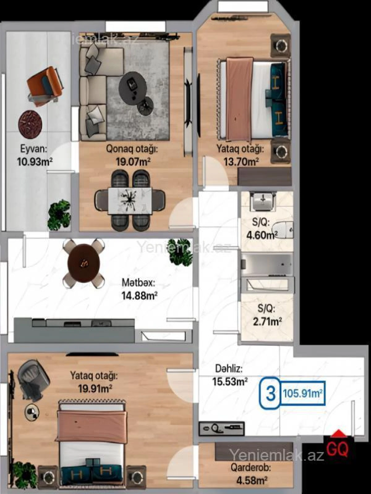 Satılır 3 otaqlı yeni tikili 106 m²