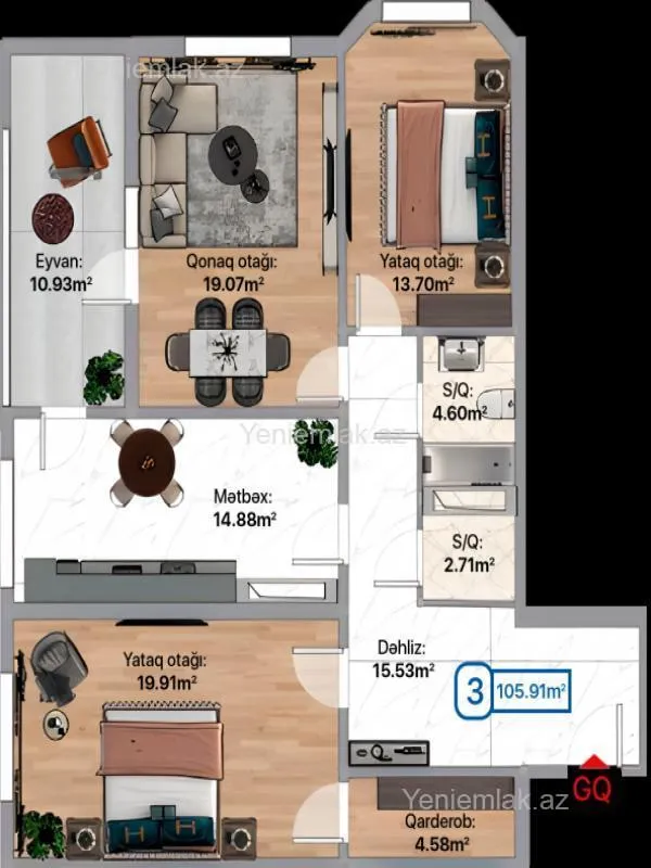 Satılır 3 otaqlı yeni tikili 106 m²