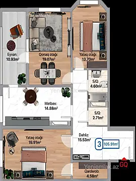 Satılır 3 otaqlı yeni tikili 106 m²