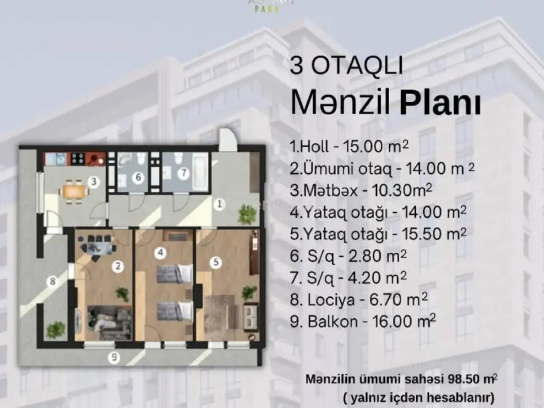 Satılır 3 otaqlı yeni tikili 99 m²