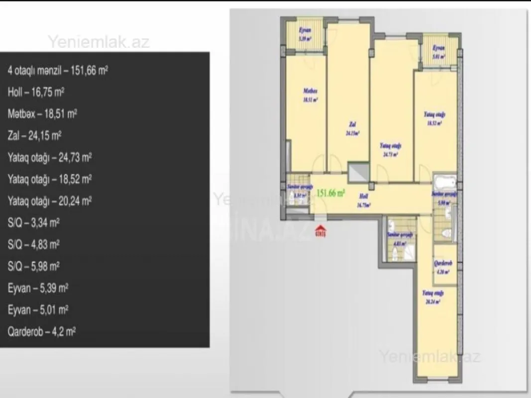 Satılır 4 otaqlı yeni tikili 155 m²