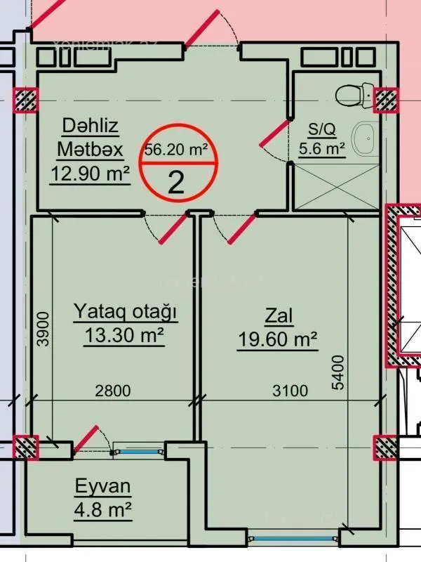 Satılır 2 otaqlı yeni tikili 57 m²
