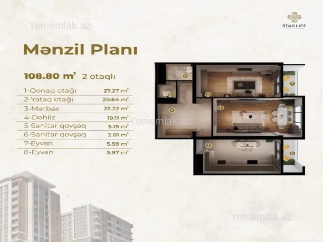 Satılır 2 otaqlı yeni tikili 109 m²