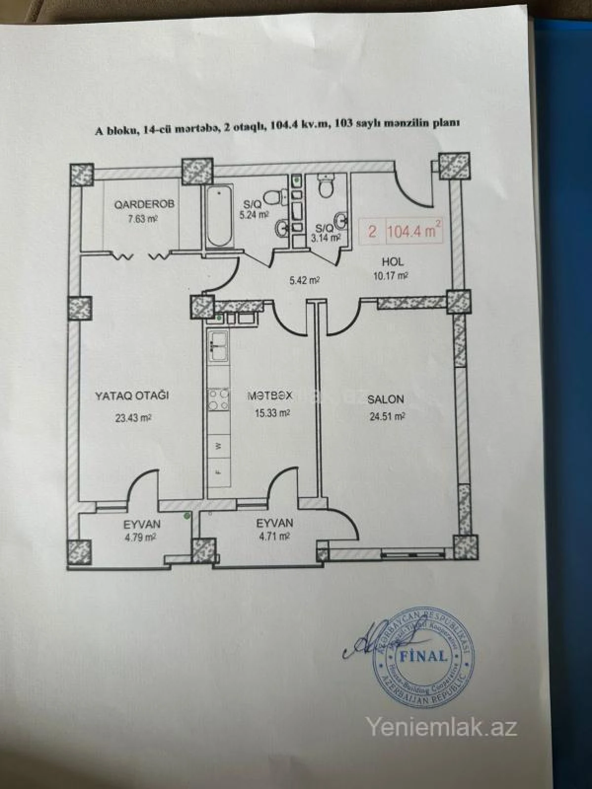Satılır 2 otaqlı yeni tikili 105 m²