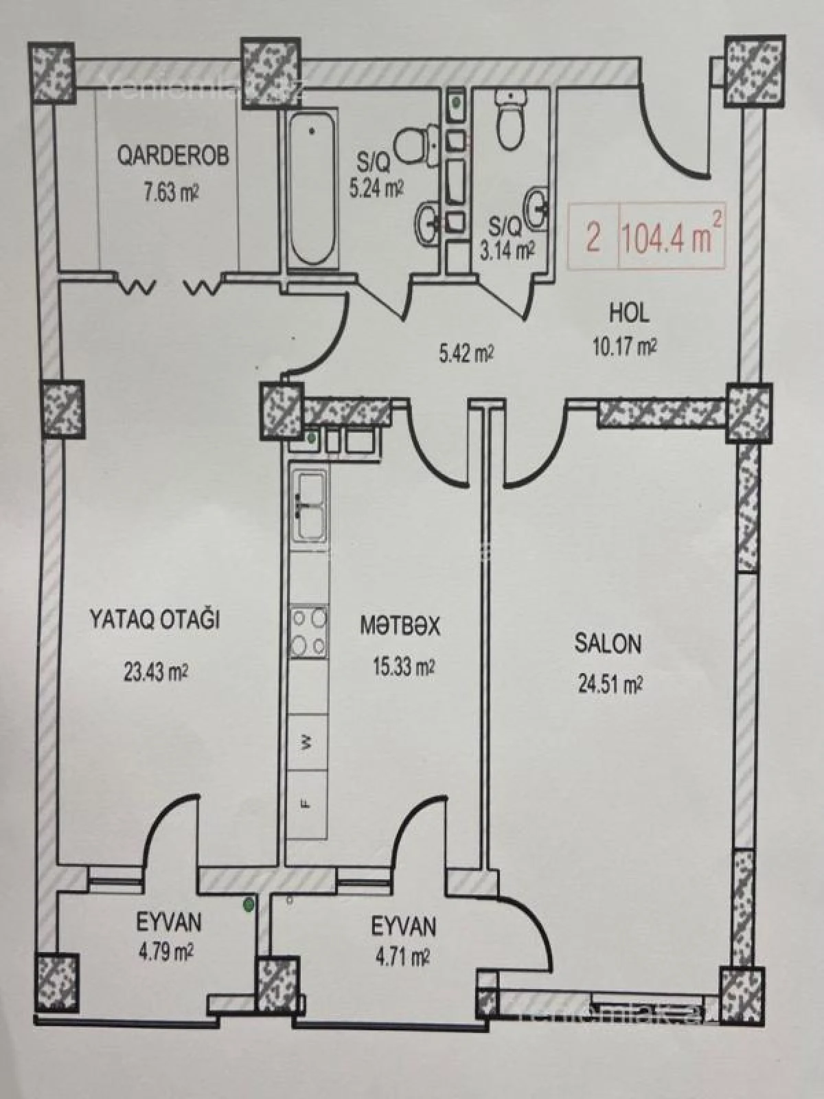 Satılır 2 otaqlı yeni tikili 105 m²