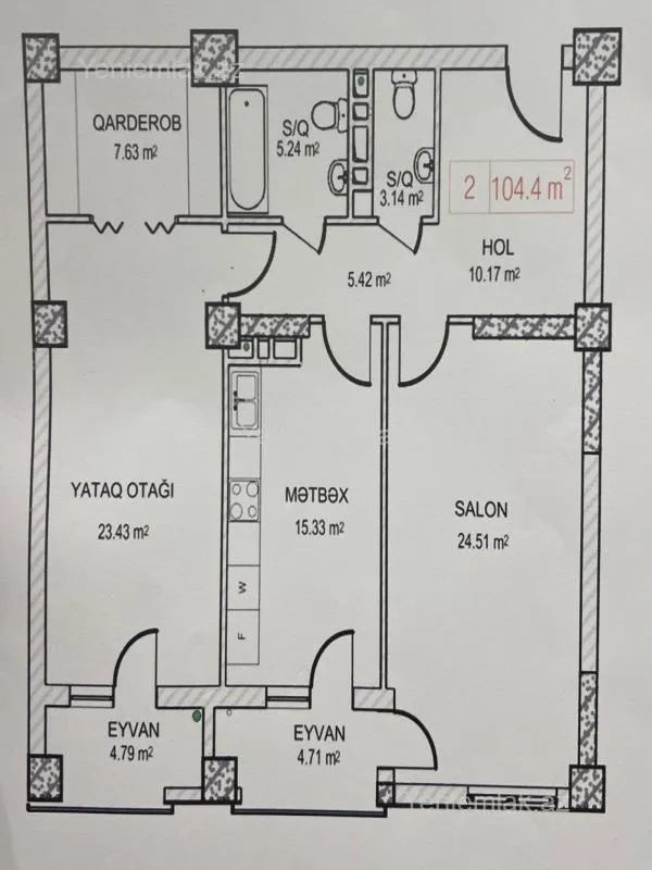 Satılır 2 otaqlı yeni tikili 105 m²