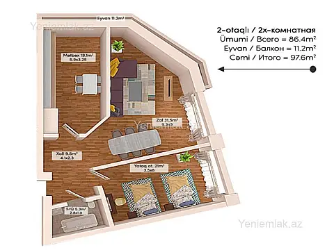 Satılır 2 otaqlı yeni tikili 97.6 m²