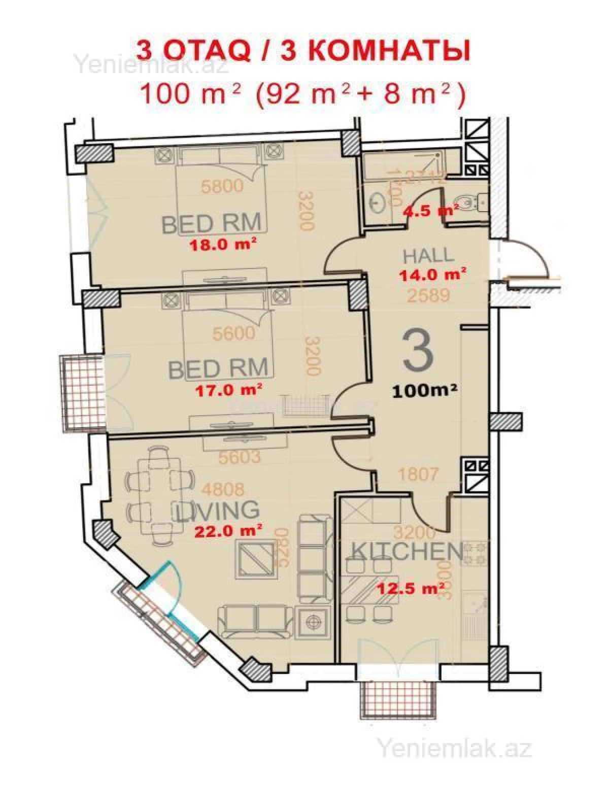 Satılır 3 otaqlı yeni tikili 100 m²