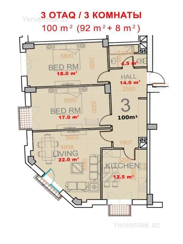 Satılır 3 otaqlı yeni tikili 100 m²