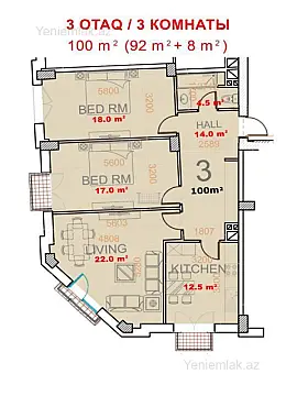 Satılır 3 otaqlı yeni tikili 100 m² — Bakı, Xətai 3 otaq 100.00 m²