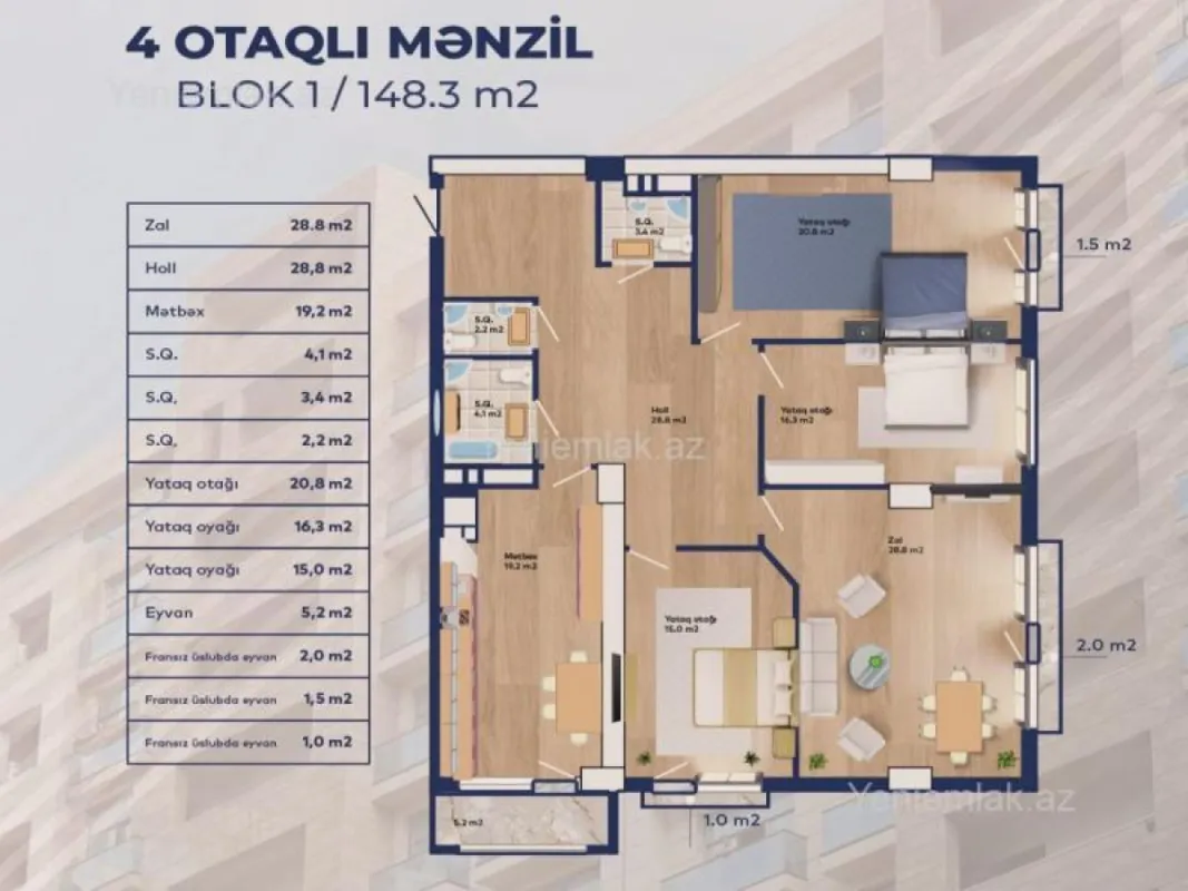 Satılır 4 otaqlı yeni tikili 148 m²