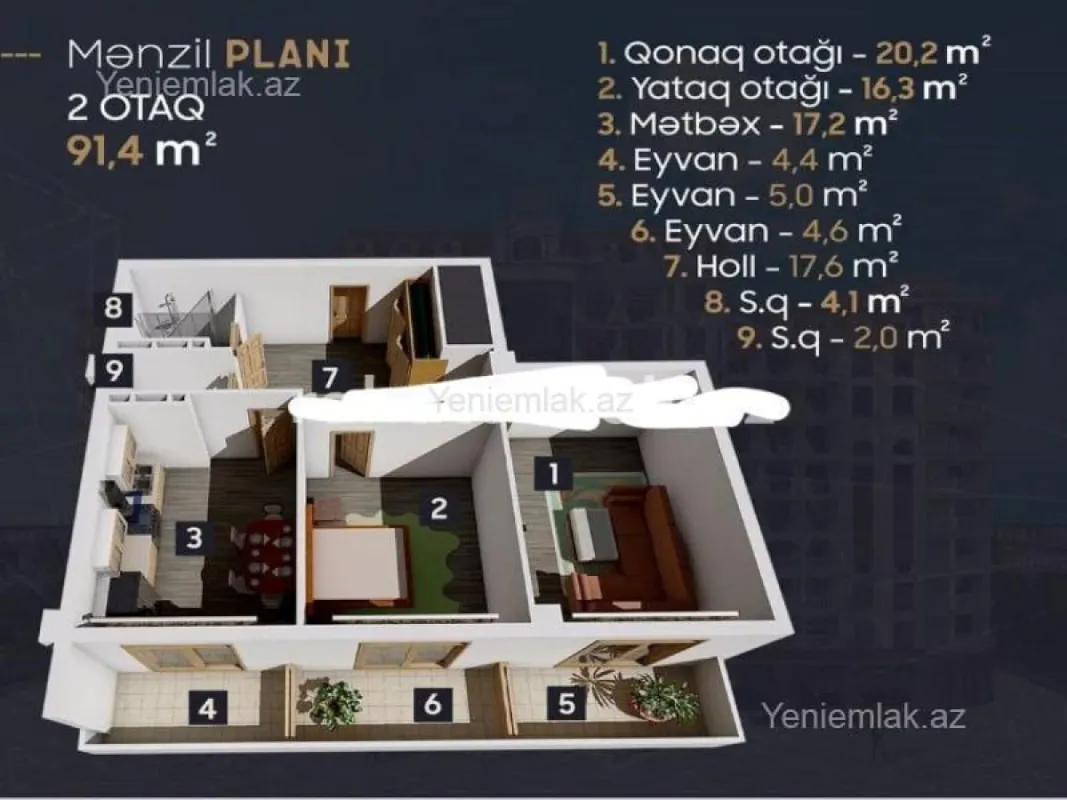 Satılır 2 otaqlı yeni tikili 91.4 m²