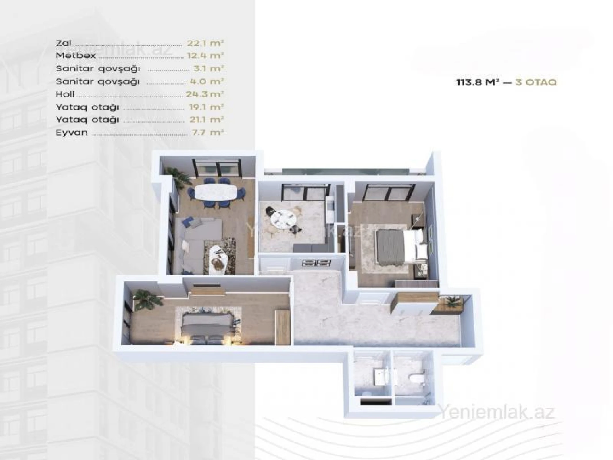 Satılır 3 otaqlı yeni tikili 114 m²