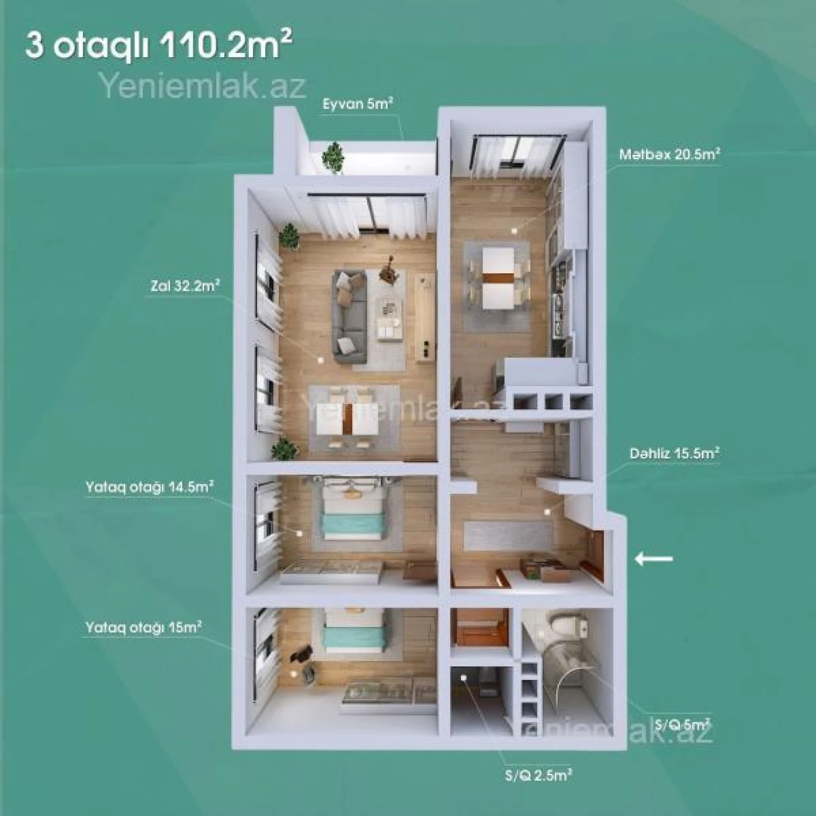 Satılır 3 otaqlı yeni tikili 110.2 m²