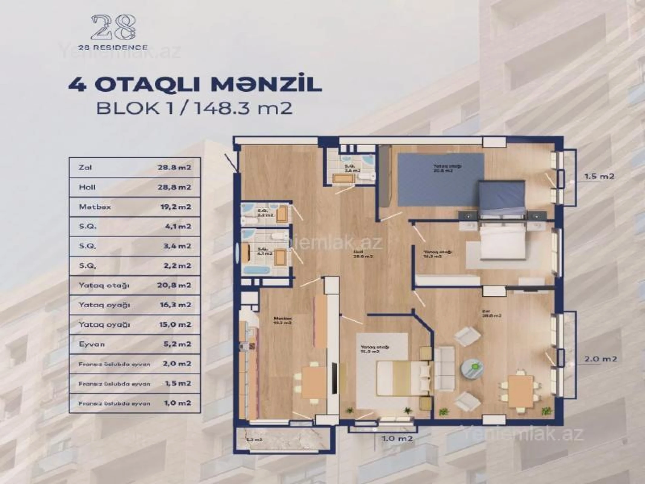 Satılır 4 otaqlı yeni tikili 148.3 m²