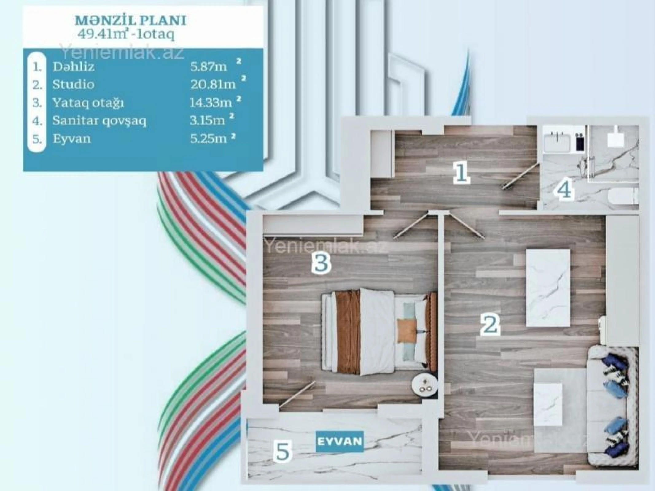 Satılır 1 otaqlı yeni tikili 49.4 m²