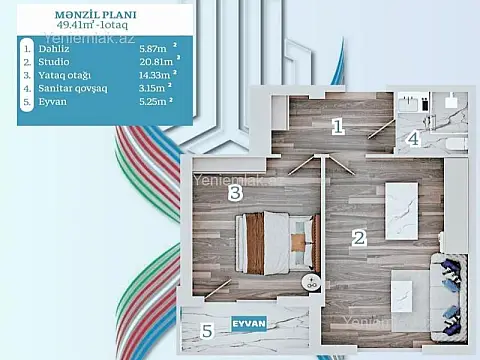 Satılır 1 otaqlı yeni tikili 49.4 m²