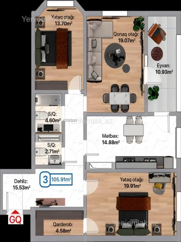 Satılır 3 otaqlı yeni tikili 106 m²