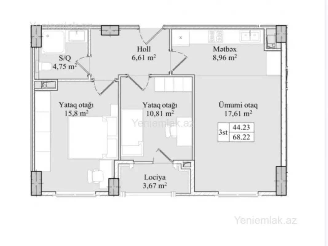 Satılır 3 otaqlı yeni tikili 64 m²