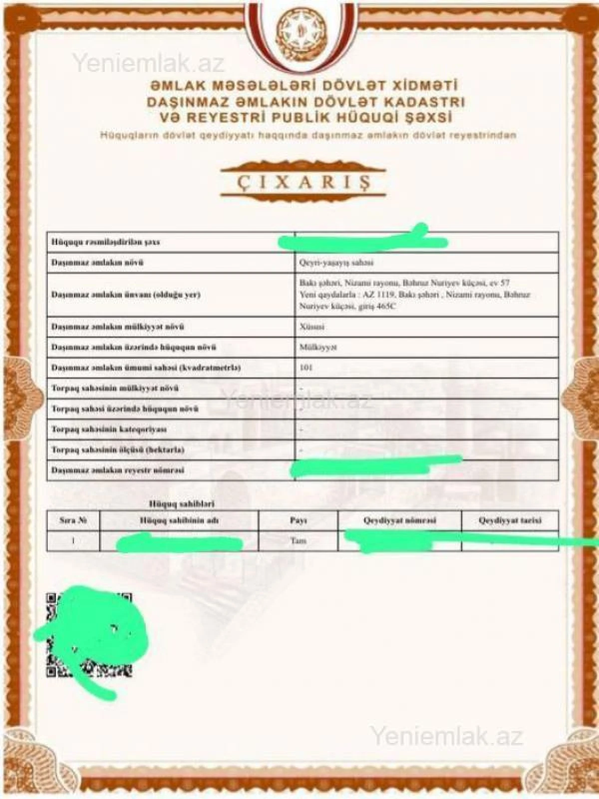 Satılır 3 otaqlı obyekt 101 m²