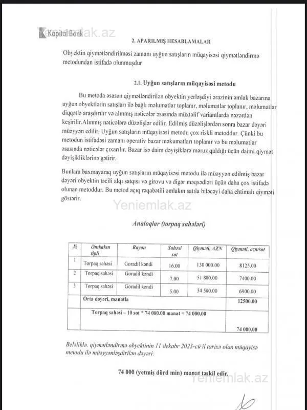 Satılır torpaq sahəsi