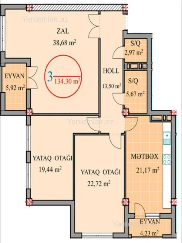 Satılır 3 otaqlı yeni tikili 134.3 m²
