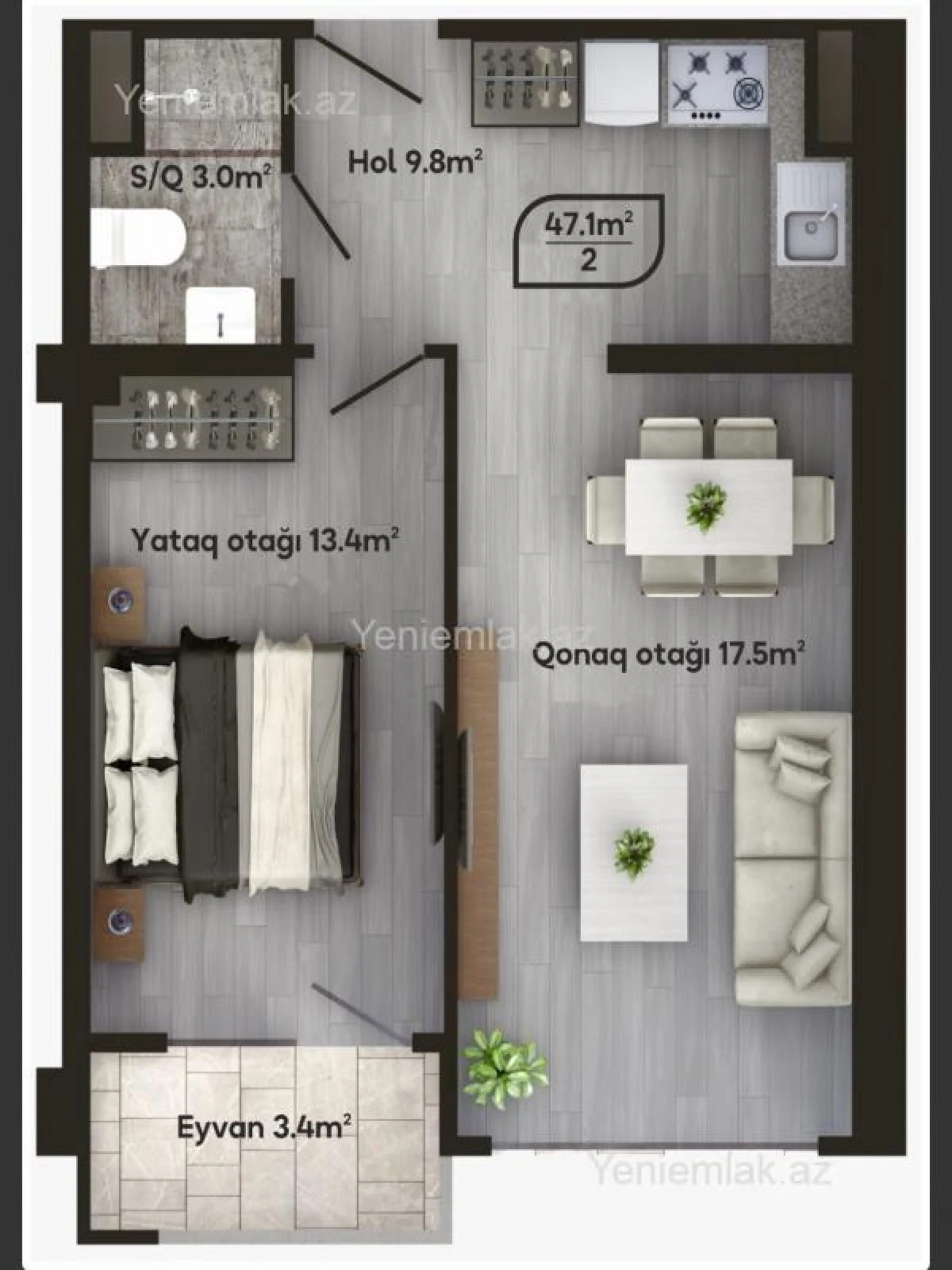 Satılır 2 otaqlı yeni tikili 47.1 m²