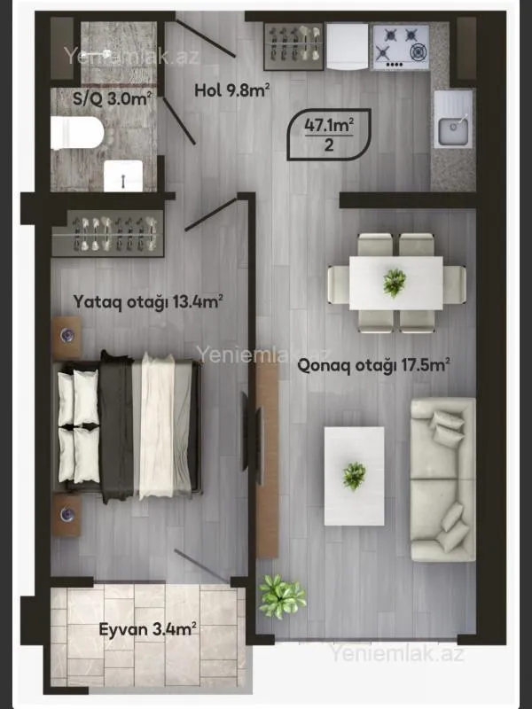 Satılır 2 otaqlı yeni tikili 47.1 m²