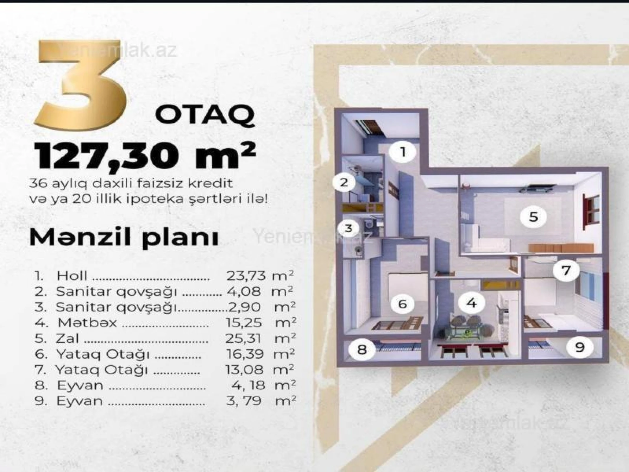 Satılır 3 otaqlı yeni tikili 127 m²