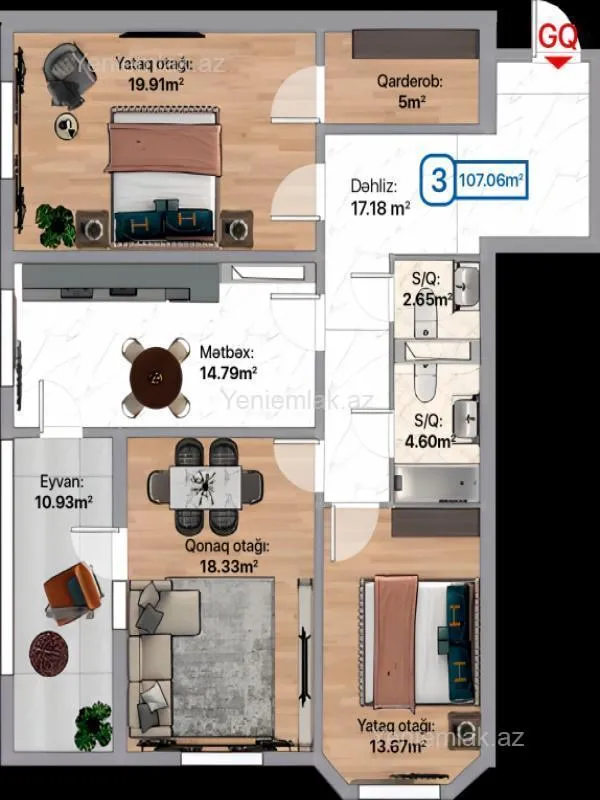 Satılır 3 otaqlı yeni tikili 107 m²