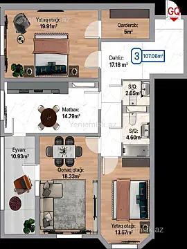 Satılır 3 otaqlı yeni tikili 107 m²