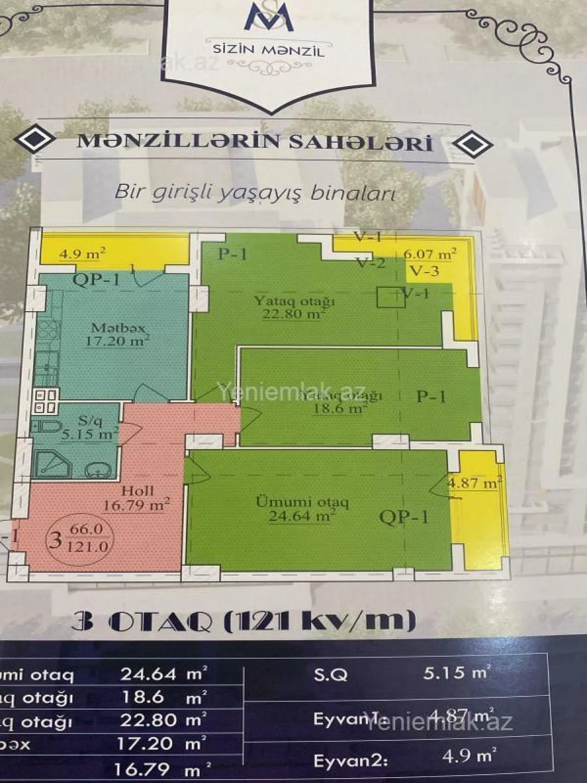 Satılır 3 otaqlı yeni tikili 121 m²