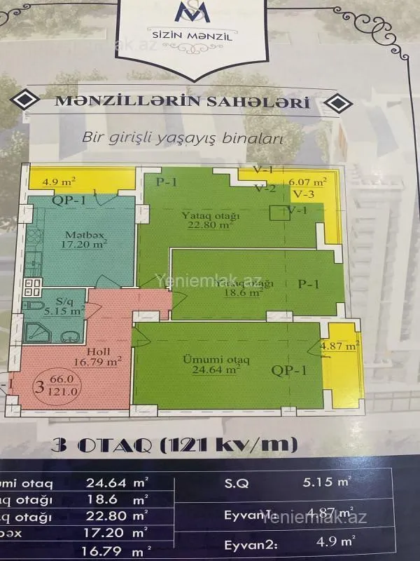 Satılır 3 otaqlı yeni tikili 121 m²
