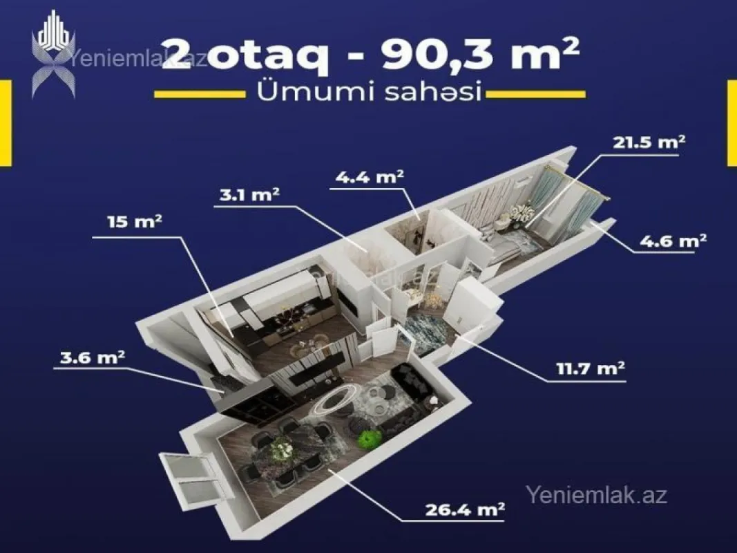 Satılır 2 otaqlı yeni tikili 90.3 m²